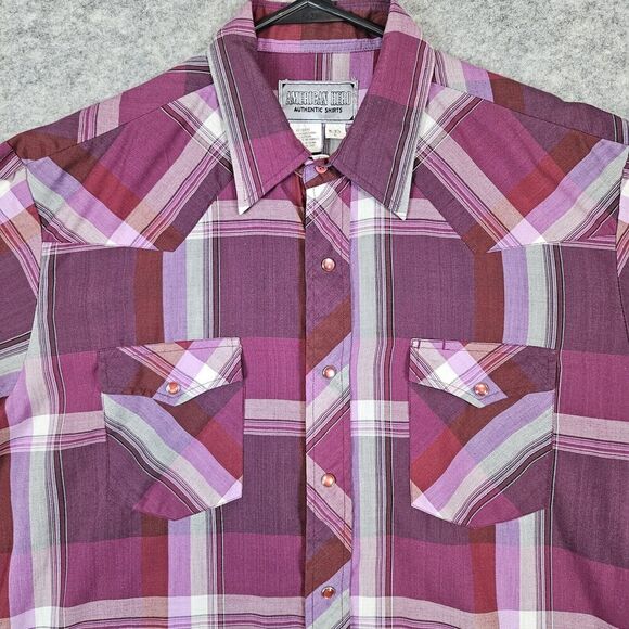 American Hero Pink Windowpane Plaid Pearl Snap Large Long Sleeve Western Shirt - Picture 2 of 14